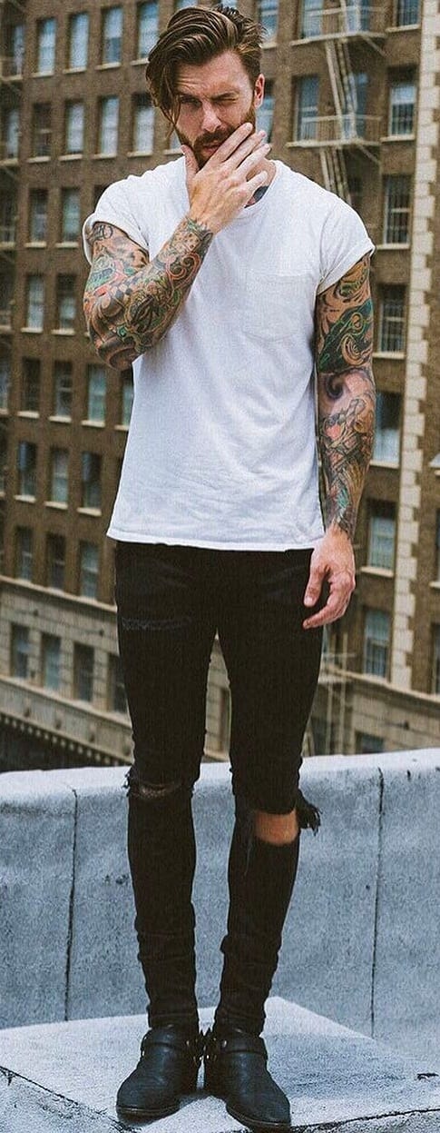 ripped black denim with plain white t-shirt