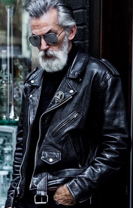 sexy old man black leather jacket look