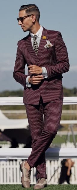 stripped maroon suit