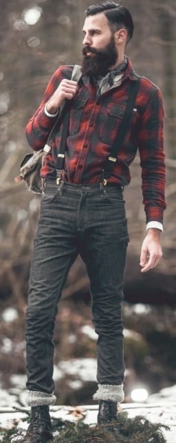 tucked in flannel shirt with suspenders