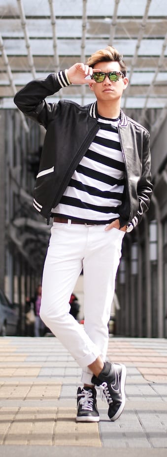 white denim with black leather jacket