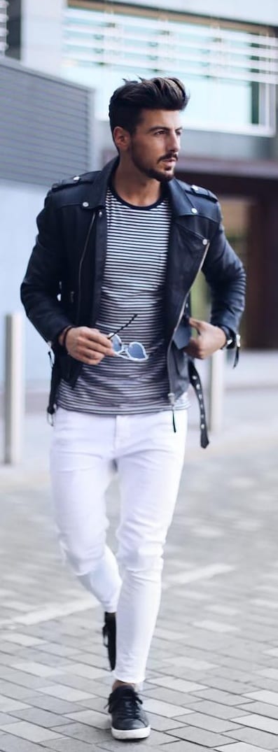 white denim with leather jacket