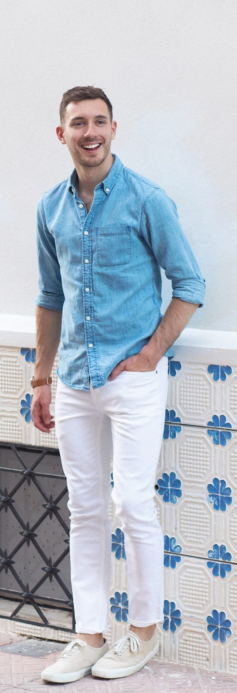 white denim with long sleeve shirt