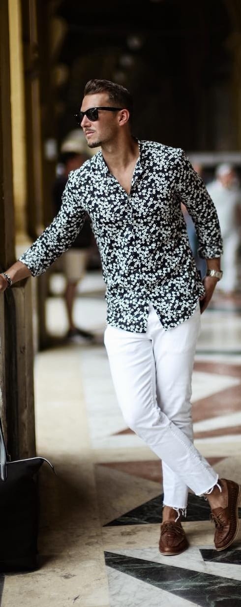 white denim with printed shirt