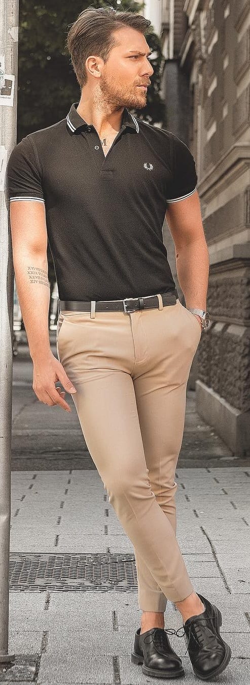 Black Polo T-shirt With Khaki Chino Outfit Ideas For Men