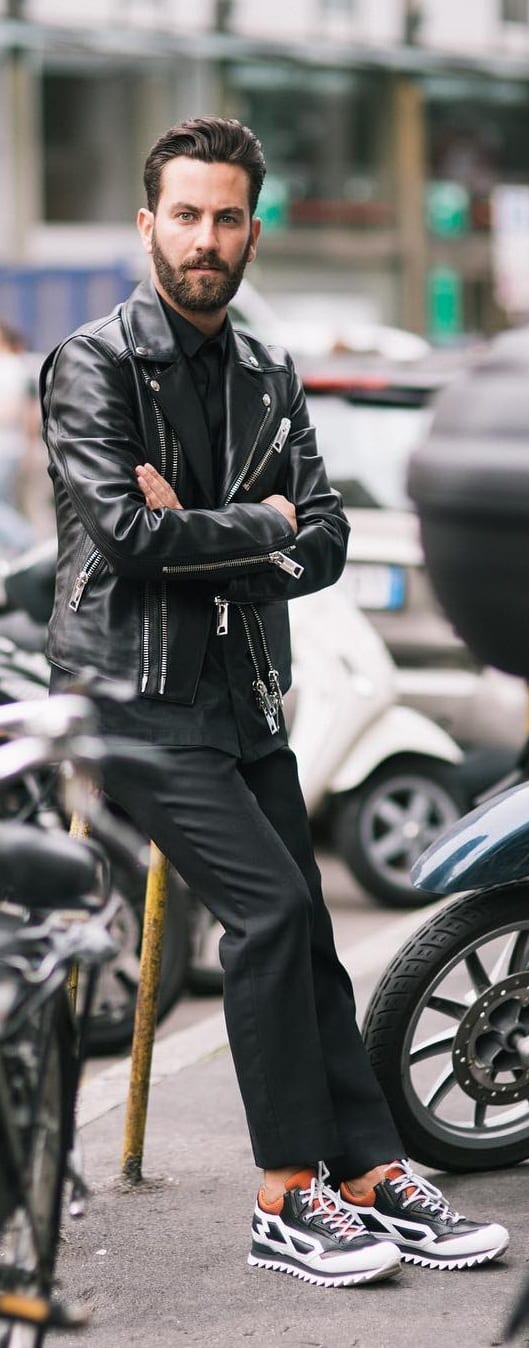 Black T-shirt With Leather Jacket Outfit Ideas For Men