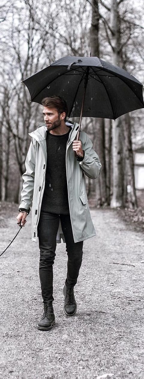 Black T Shirt With Trench Coat Outfit, Mens Black Trench Coat Outfit