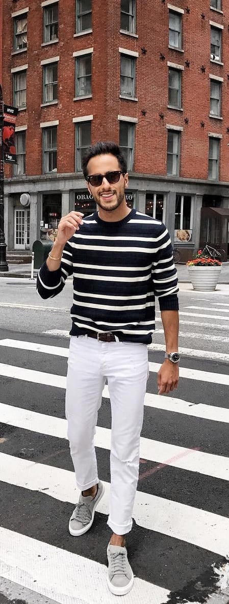 Striped Crew Neck T-shirt Outfit Ideas For Men
