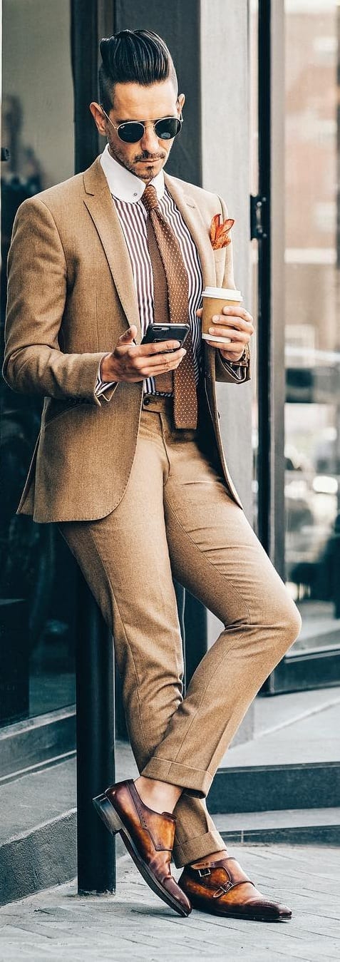 I want to wear this exact suit, shirt, and tie combo. | Beige suits, Suits,  Khaki suit