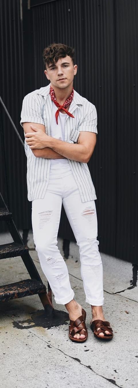 Striped Shirt With White Denim Outfit Ideas For Men