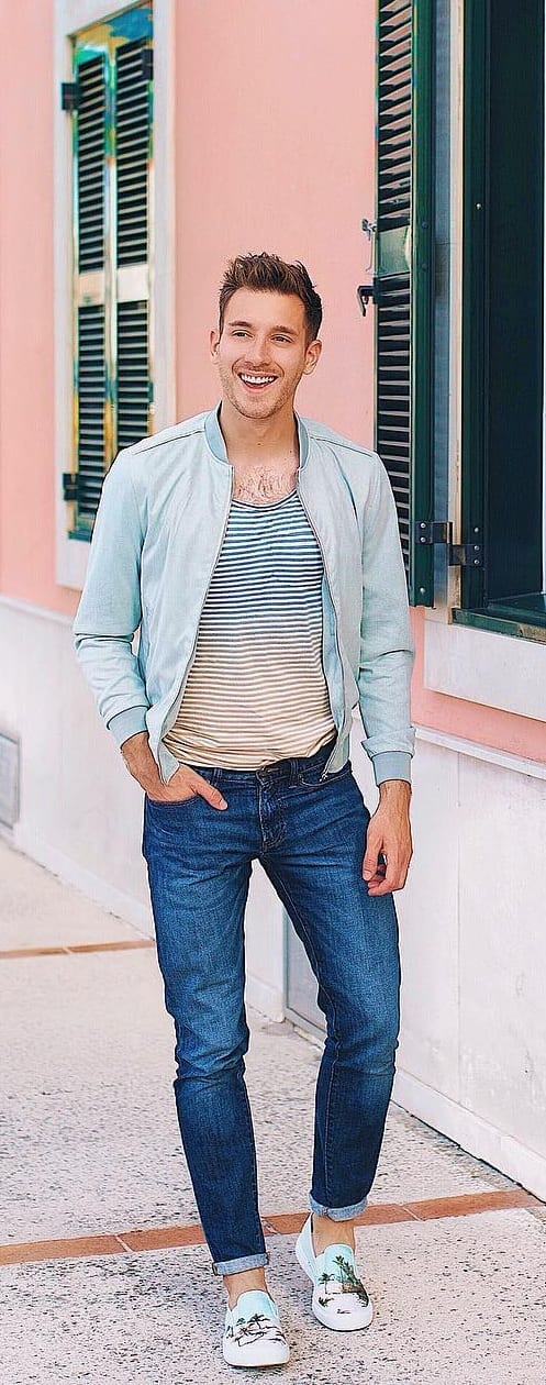 Striped T-shirt With Bomber Jacket Outfit Ideas For Men