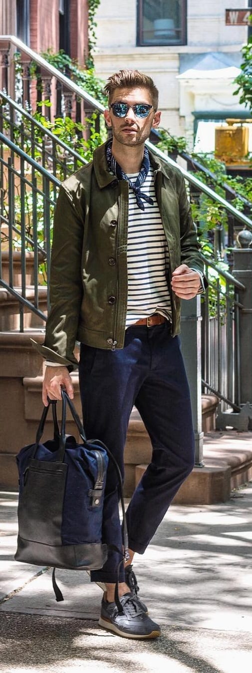 Striped T-shirt With Jacket Outfit Ideas For Men
