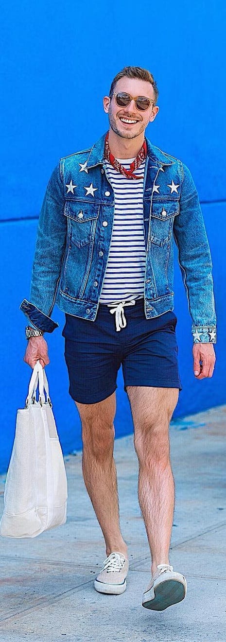 Stripped T-shirt And Denim Jacket With Shorts For Men