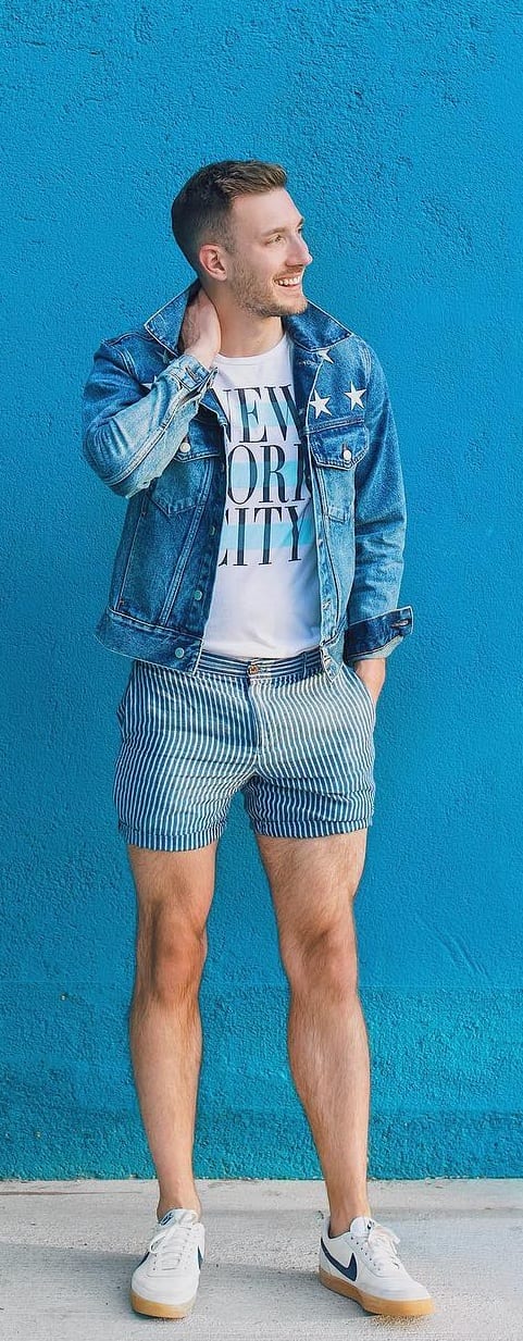 T-shirt And Denim Jacket With Stripped Shorts For Men
