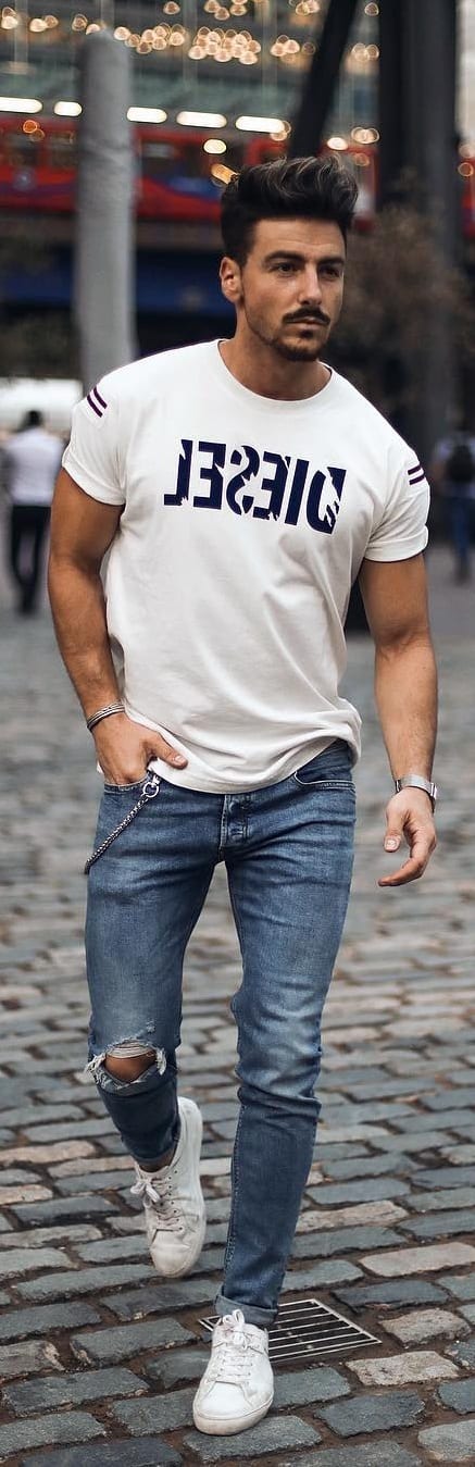 White Graphic T-shirt With Denim Outfit Ideas For Men
