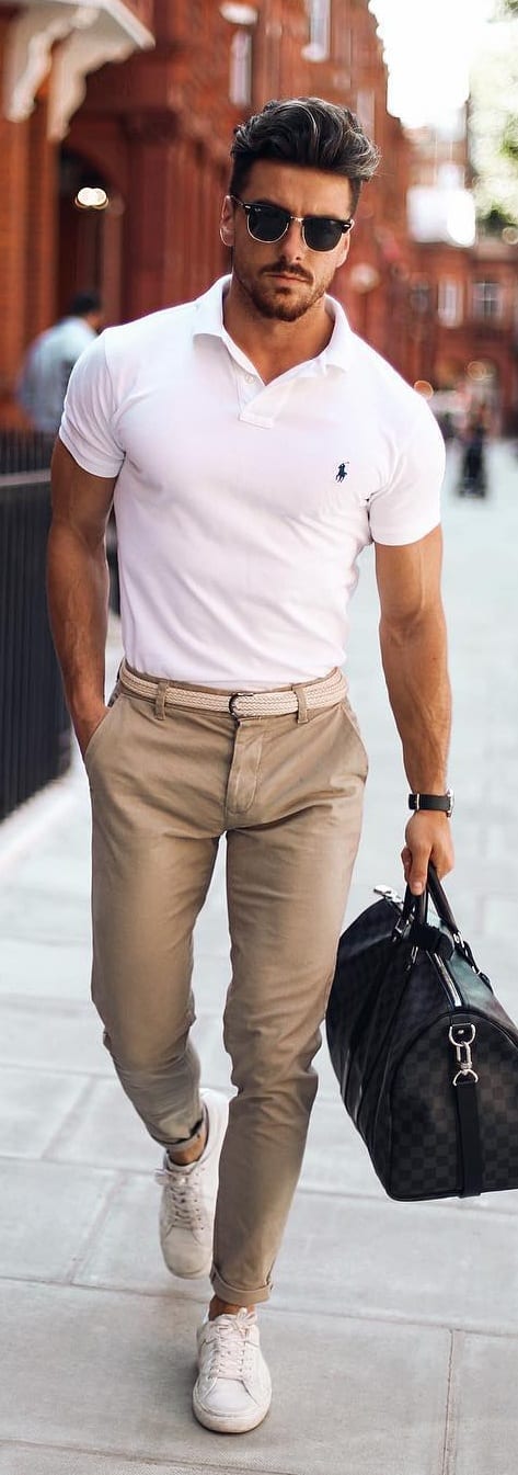 White Polo T-shirt With Chino Outfit Ideas For Men