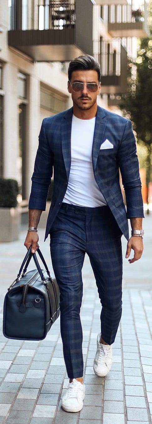 White T-shirt With Checked Suits Outfit Ideas For Men