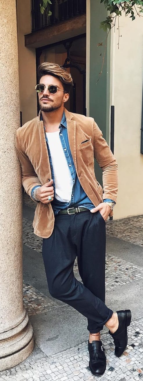 White T-shirt With Corduroy Jacket Outfit Ideas For Men