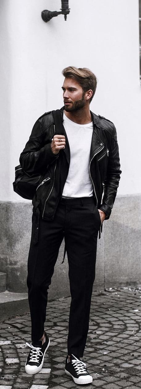White T-shirt With Leather Jacket Outfit Ideas For Men