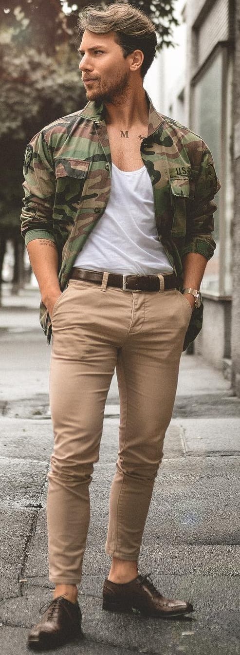 White T-shirt With Military Shirt Jacket Outfit Ideas For Men