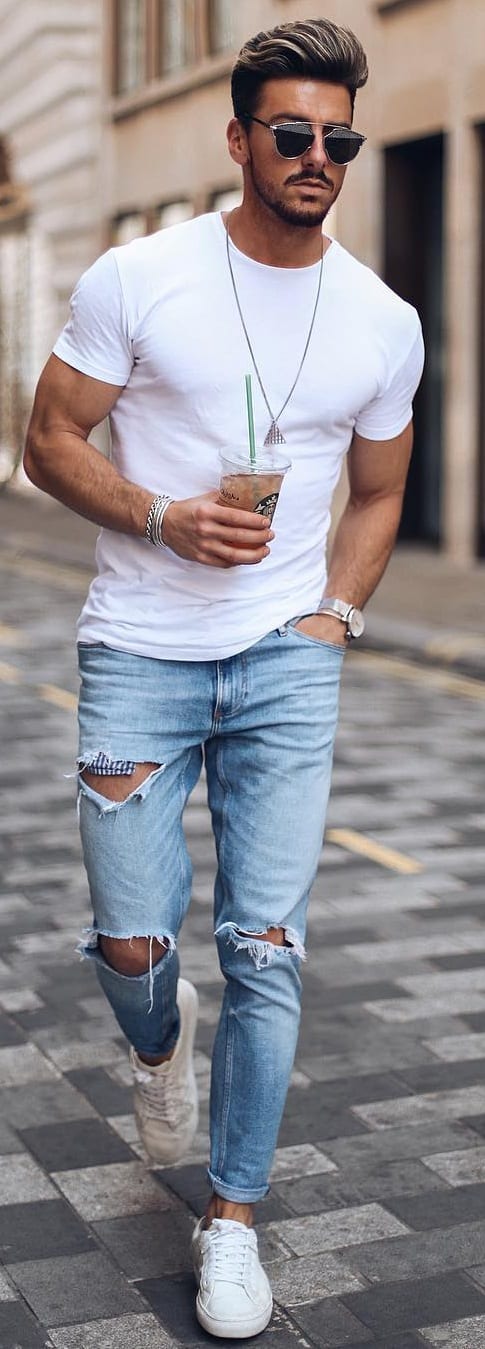 White T-shirt With Ripped Jeans Outfit Ideas For Men