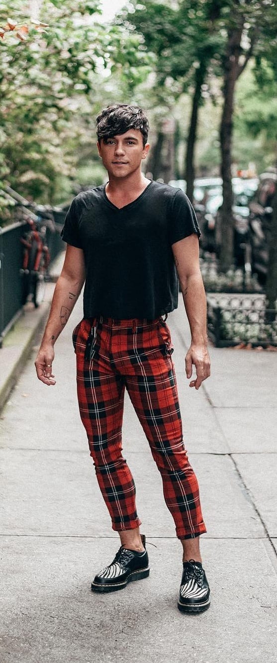 Black and red plaid pant idea for men