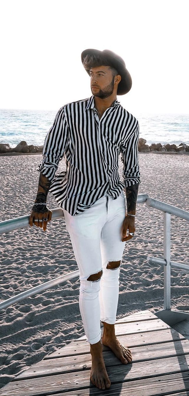 Black- white stripped shirt,white ripped jeans,fedora for Yacht party