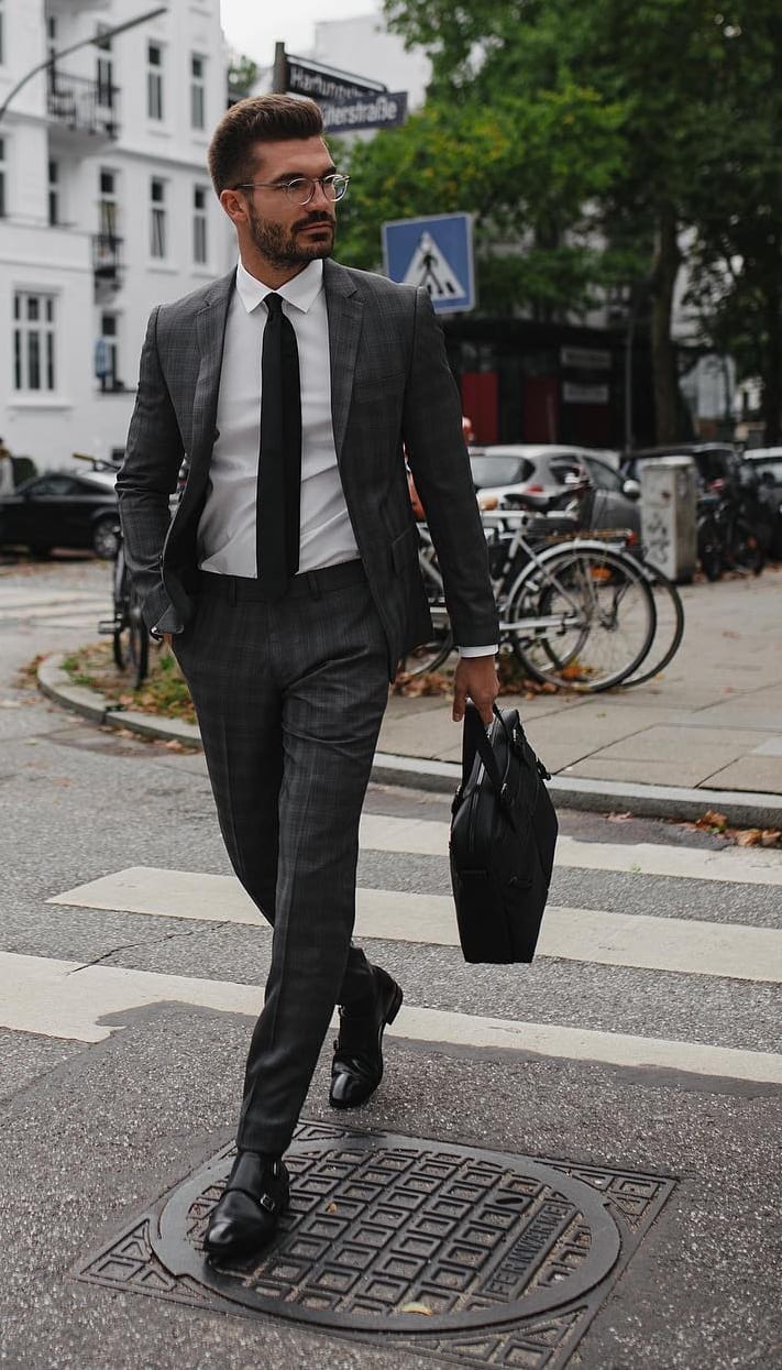 Grey suit,black tie,briefcase for men