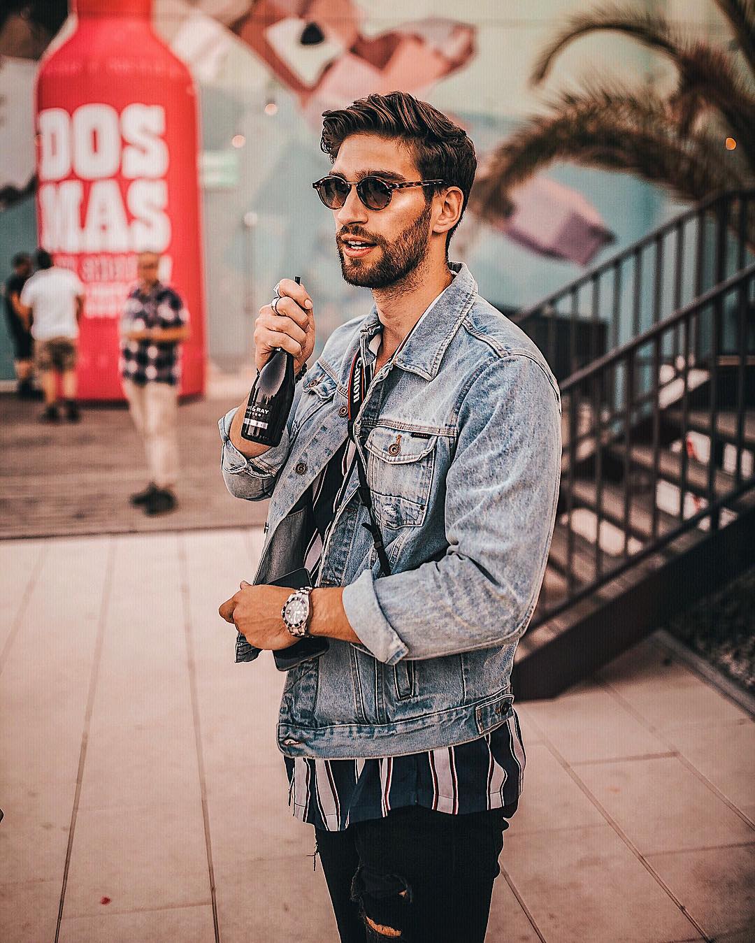 Blue Denim Jacket Black jeans and Black round frames