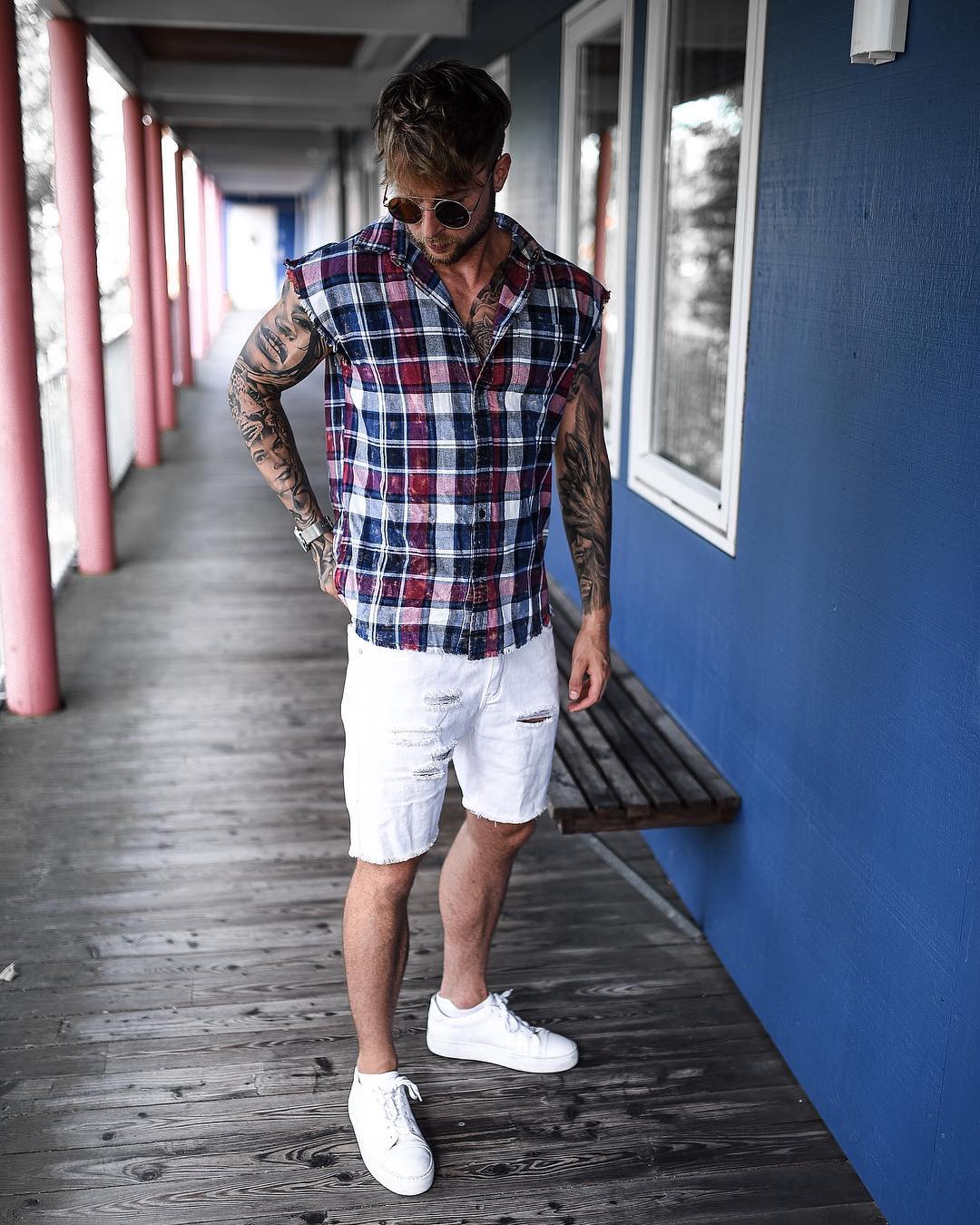 Blue Red Plaid shirt and white shorts ,sunglasses