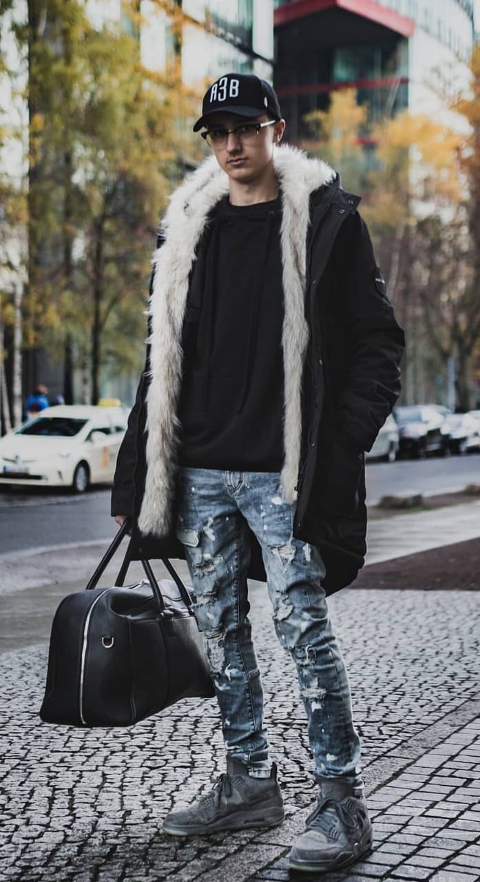 Blue Scraped denim,black t-shirt,Brown jacket,Bag