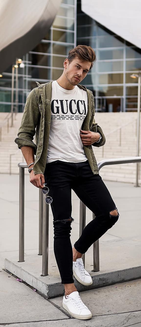 Casual undershirt and Black Ripped Denim with White Sneakers