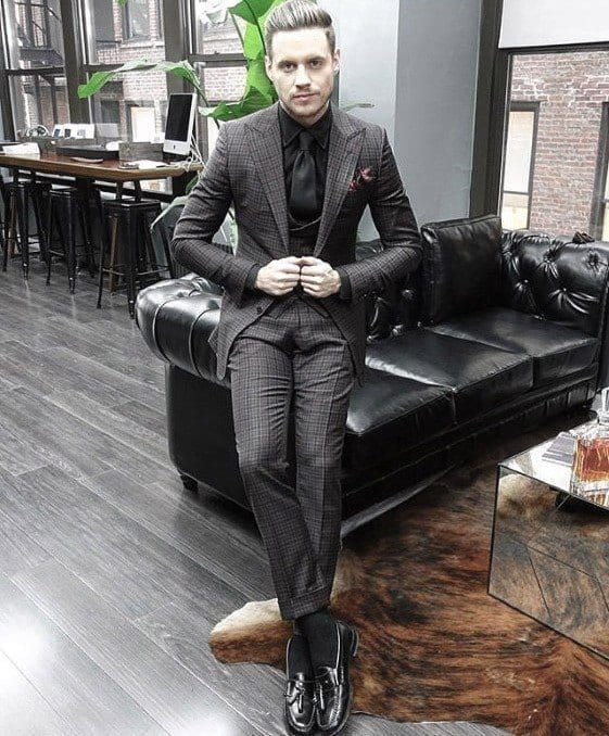 Charcoal Grey Lounge Suit,Black shoes,black shirt