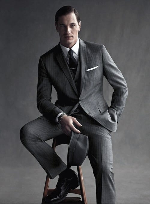 Charcoal grey lounge suit,White shirt, White pocket square,Black shoes for men