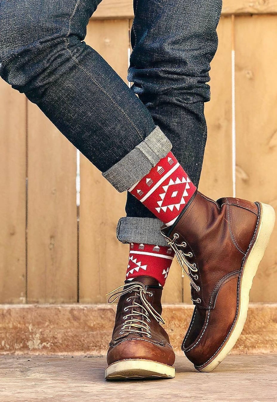 Funky red socks,Brown shoes,Black jeans ideas for men