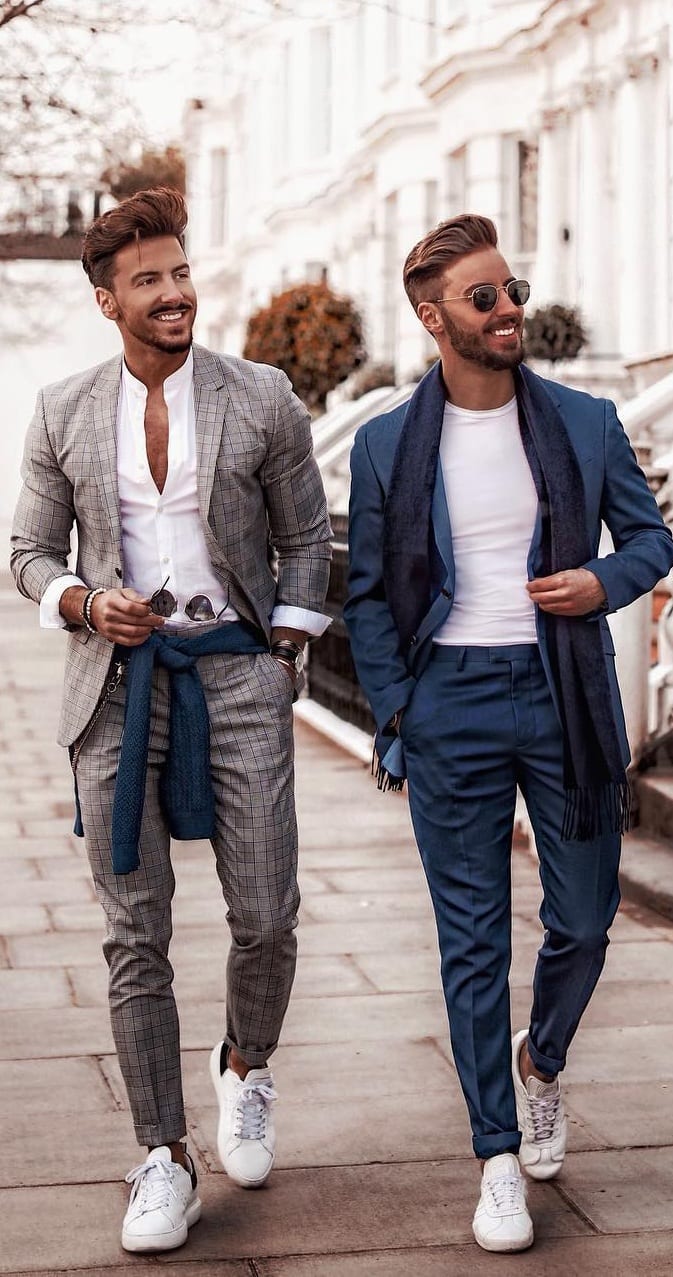 Grey and Blue Suits with White Sneakers