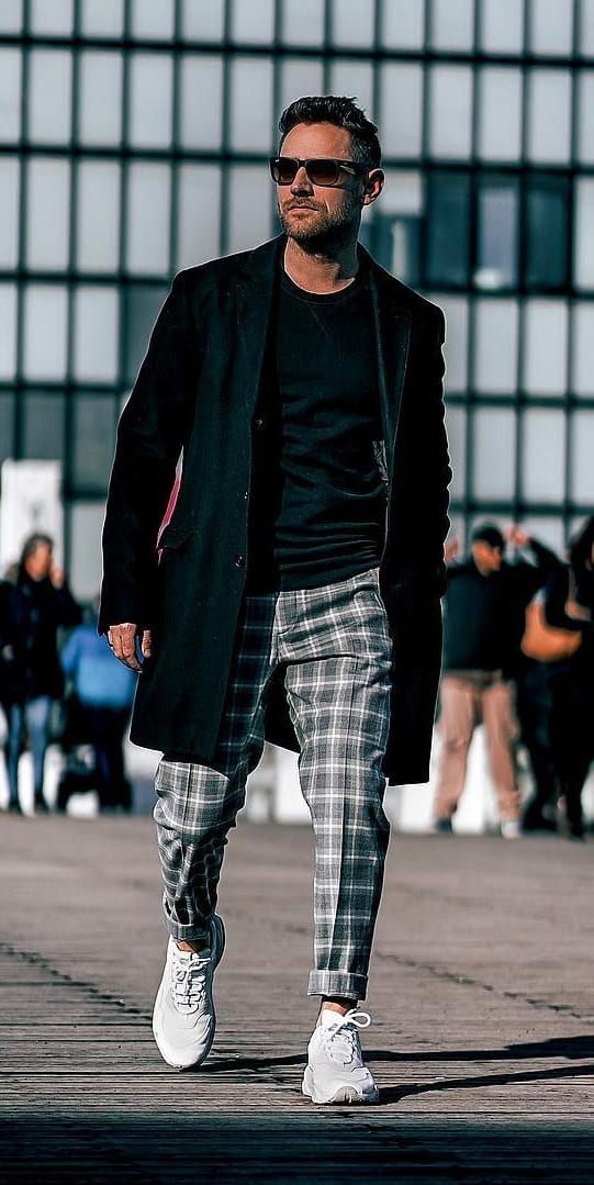 Grey plaid pant and Black overcoat outfit for men
