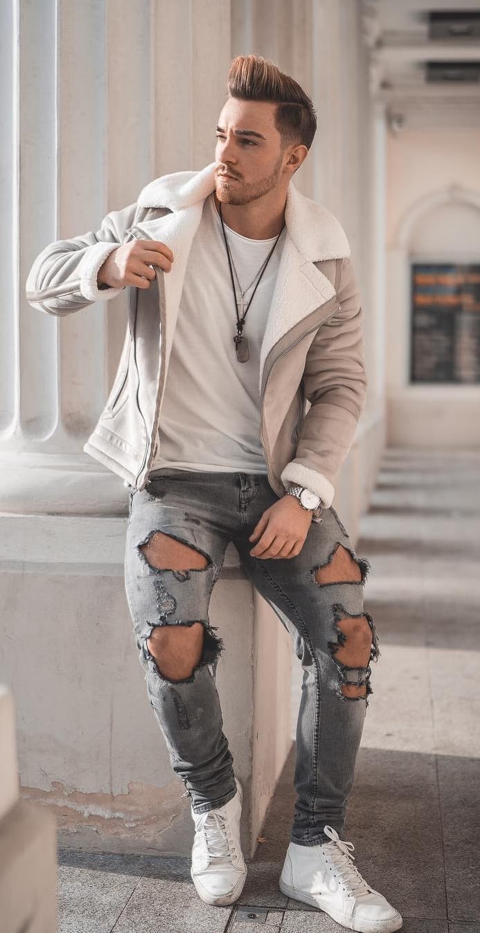 Hole Ripped Denim,White sneakers,Jacket