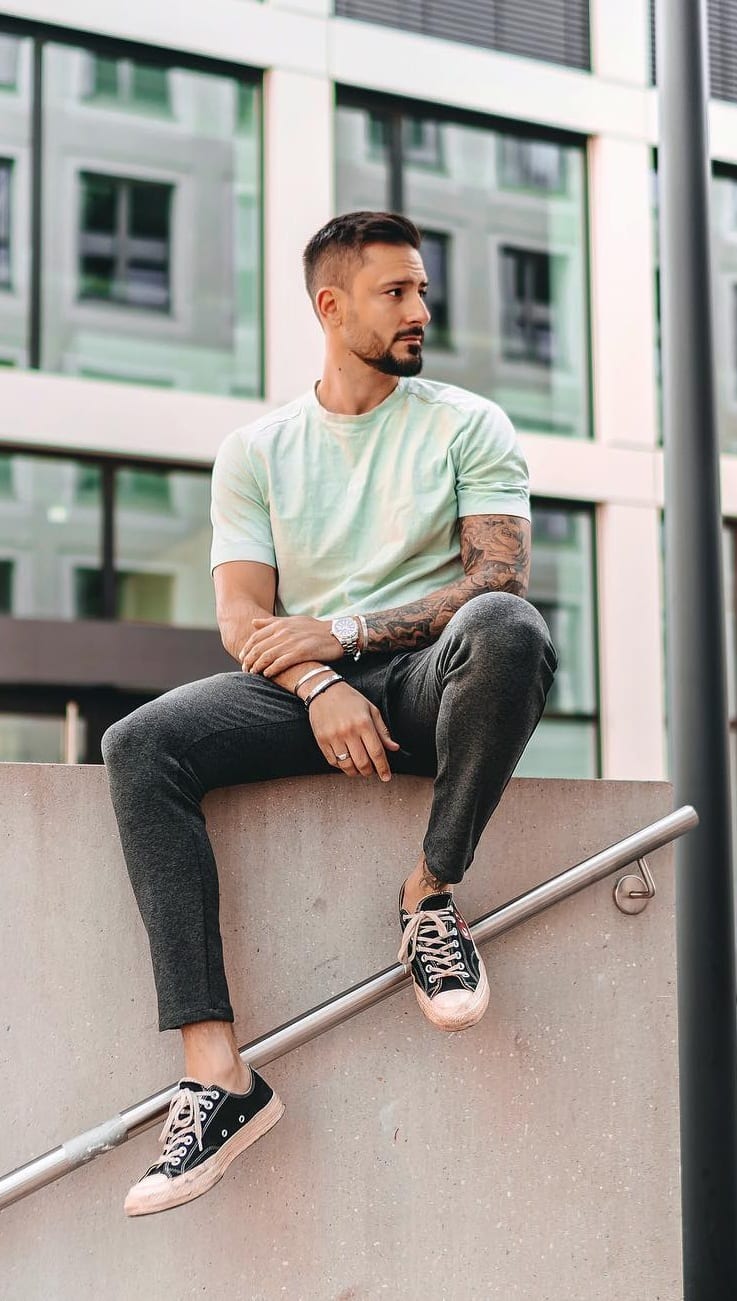 Mint green t-shirt,Sneakers,watch ideas for men