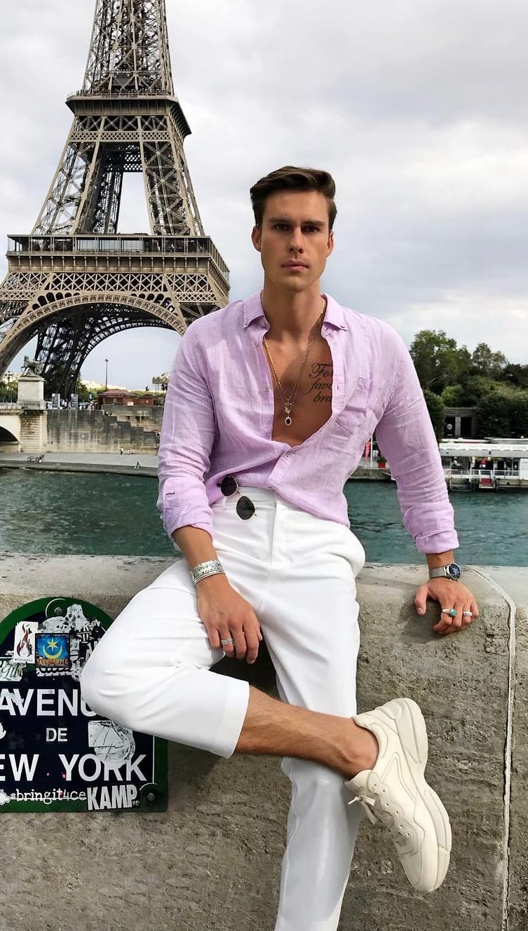 Classic Salmon Pink shirt with white pants for men