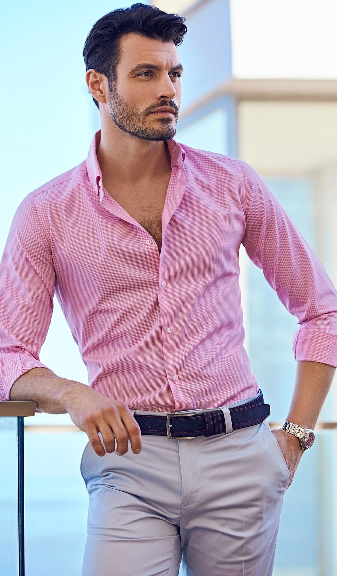 Pink shirt grey pant black belt outfit for men
