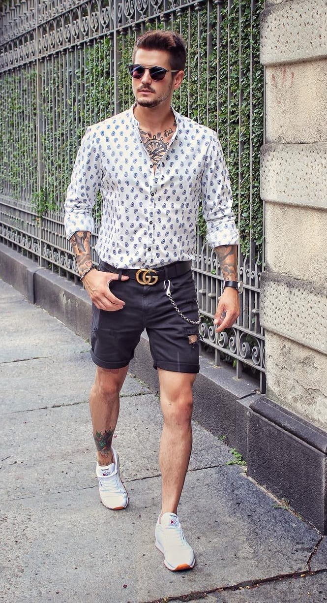 Printed white shirt with black shorts for summer