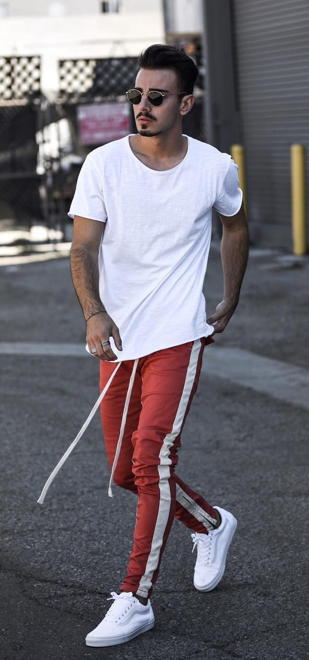 Red Joggers White t-shirt and White Sneakers