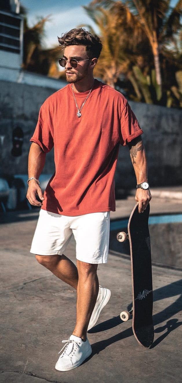 Red T-shirt White shorts and White Sneakers