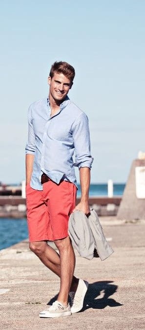 Red shorts and Blue linen shirt for men