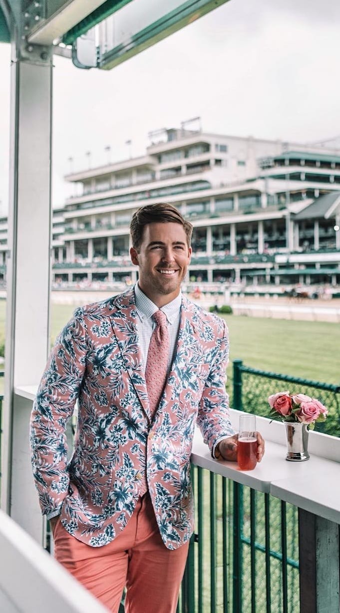 Salmon pink floral suit ideas for men