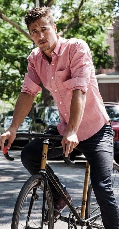 Salmon pink shirt and black jeans