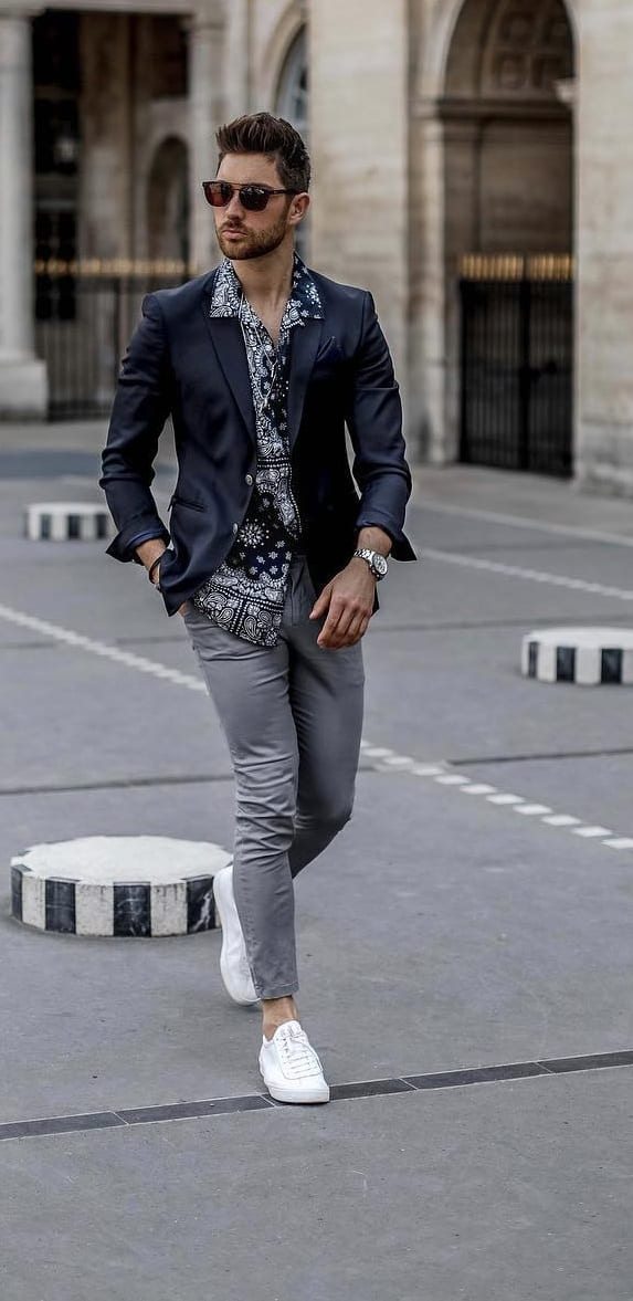 Semi Formal- Black Printed shirt with jacket and white sneakers