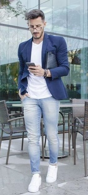 Semi Formals-White t-shirt Royal Blue jacket and sneakers