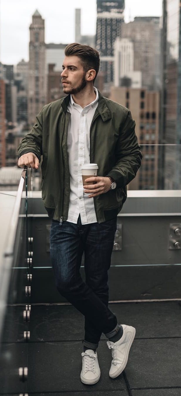 Semi formal- green jacket white shirt with denims and white sneakers